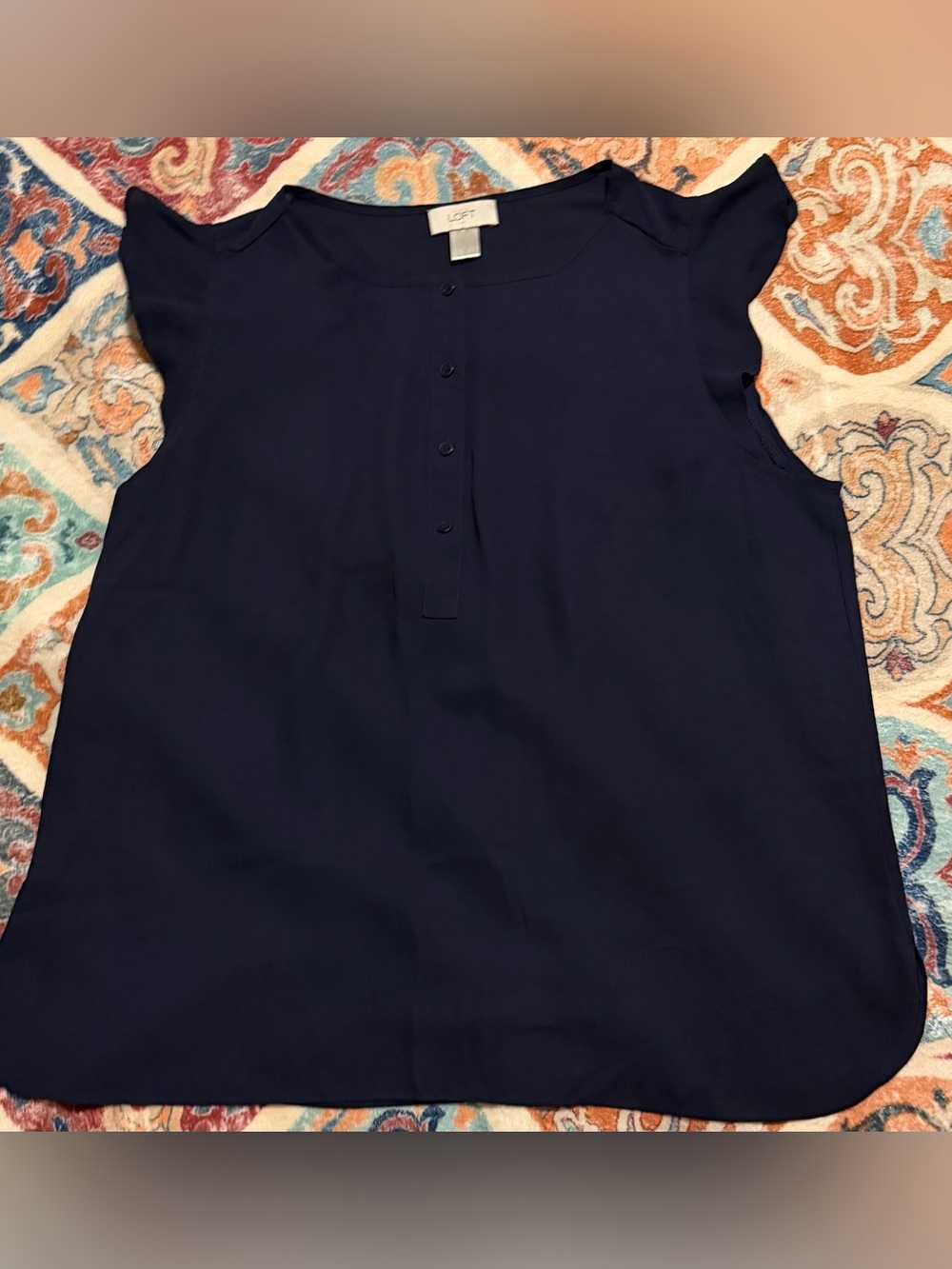 LOFT Navy Ruffle Sleeve Henley Blouse